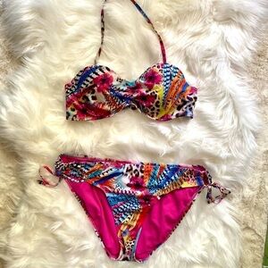 Kenneth Cole Pink Animal Print Bikini Swimsuit Med Top Lg Bottom Beach Vacation